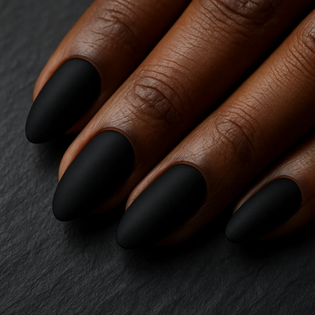 Pure matte black nails with velvet-like light-absorbing surface on deep warm dark skin on black slate — black nail design 2026