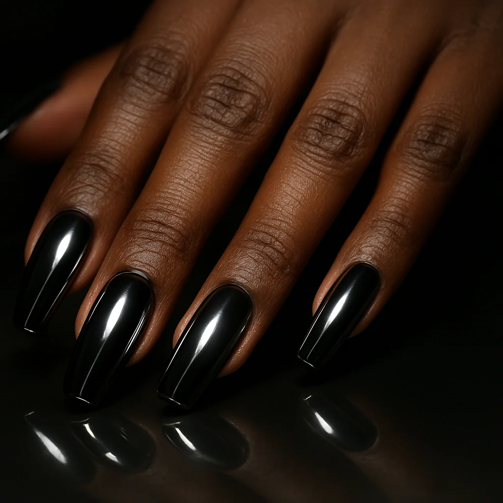 Black chrome mirror nails with liquid-metal reflection on dark espresso skin on glass surface single spotlight — black nail 2026