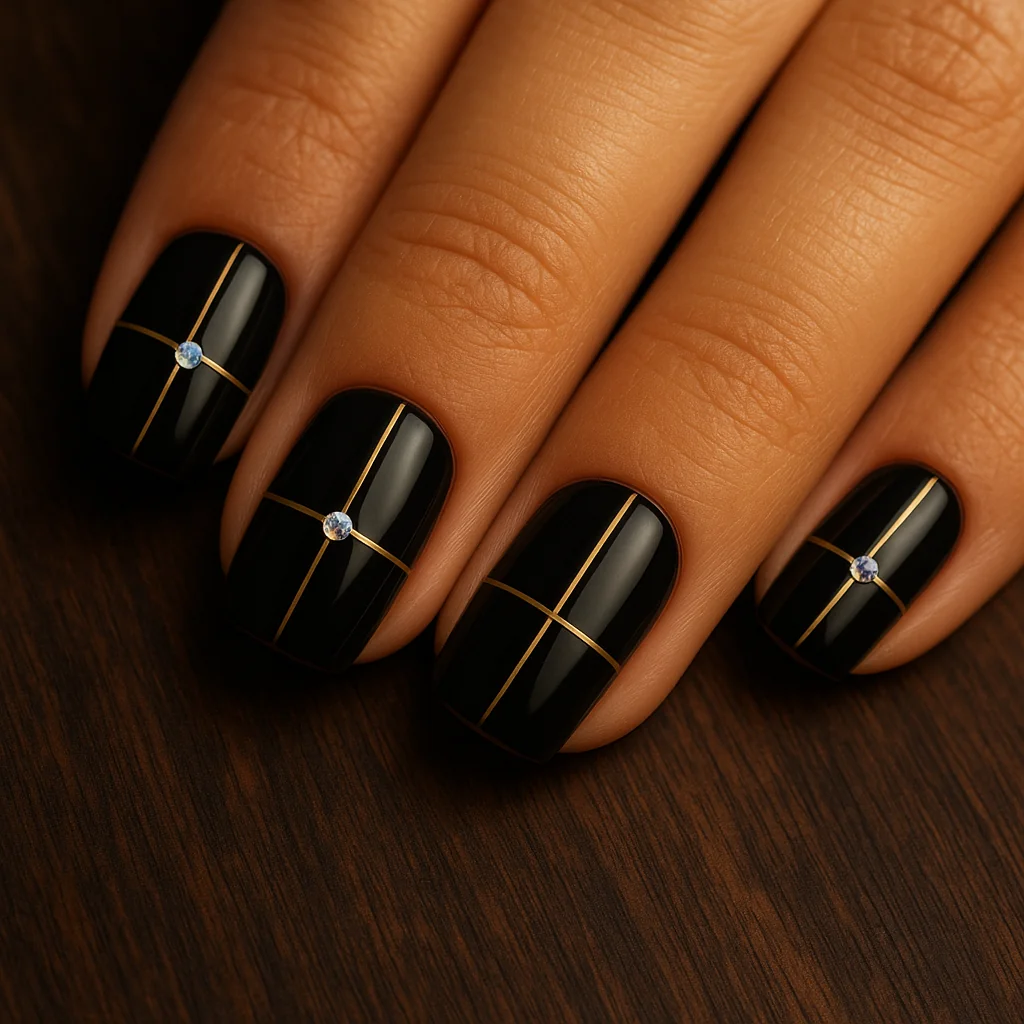 Black gloss nails with thin gold cross lines and crystal intersection on warm tan skin on dark wood — geometric black nail 2026