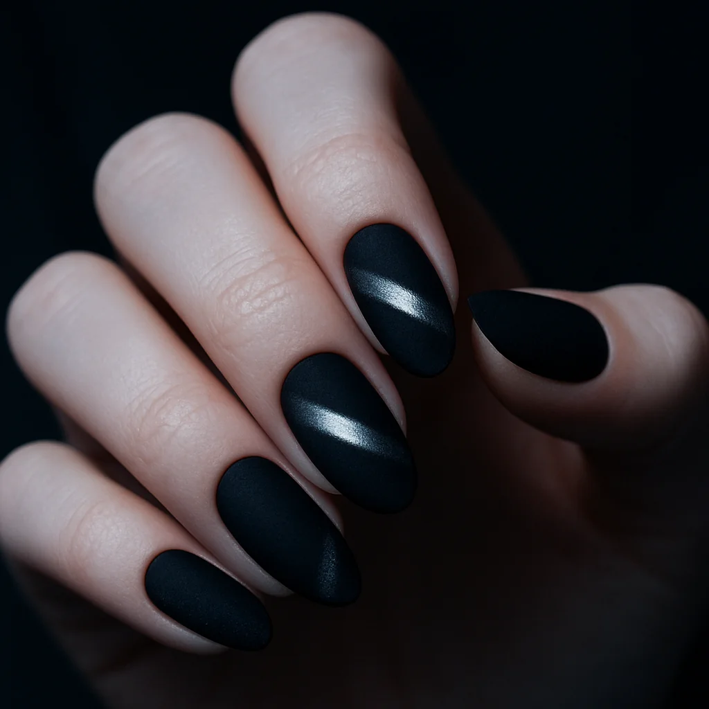 Black velvet matte nails with silver-gunmetal magnetic cat-eye stripe at 40 degrees on pale cool skin blue lighting — velvet black nail 2026