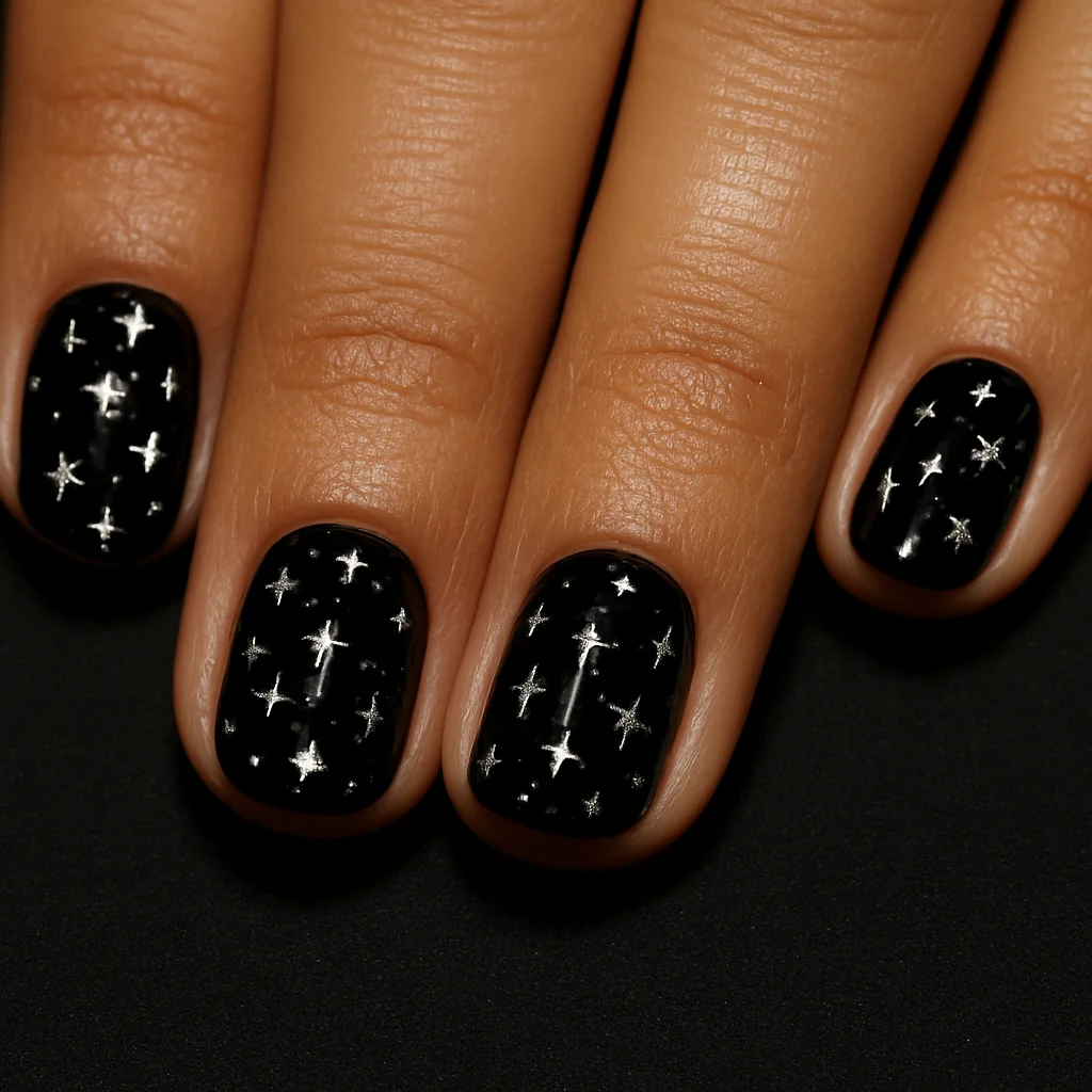 Black gloss nails with scattered silver four-pointed sparkle stars asymmetric gradient on warm olive skin — black nail art 2026