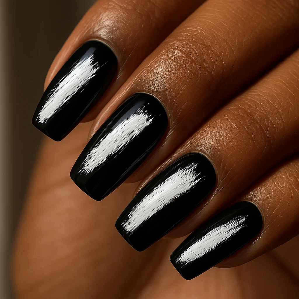 Black gloss nails with single bold white diagonal brushstroke on deep warm dark skin window light — abstract black nail 2026
