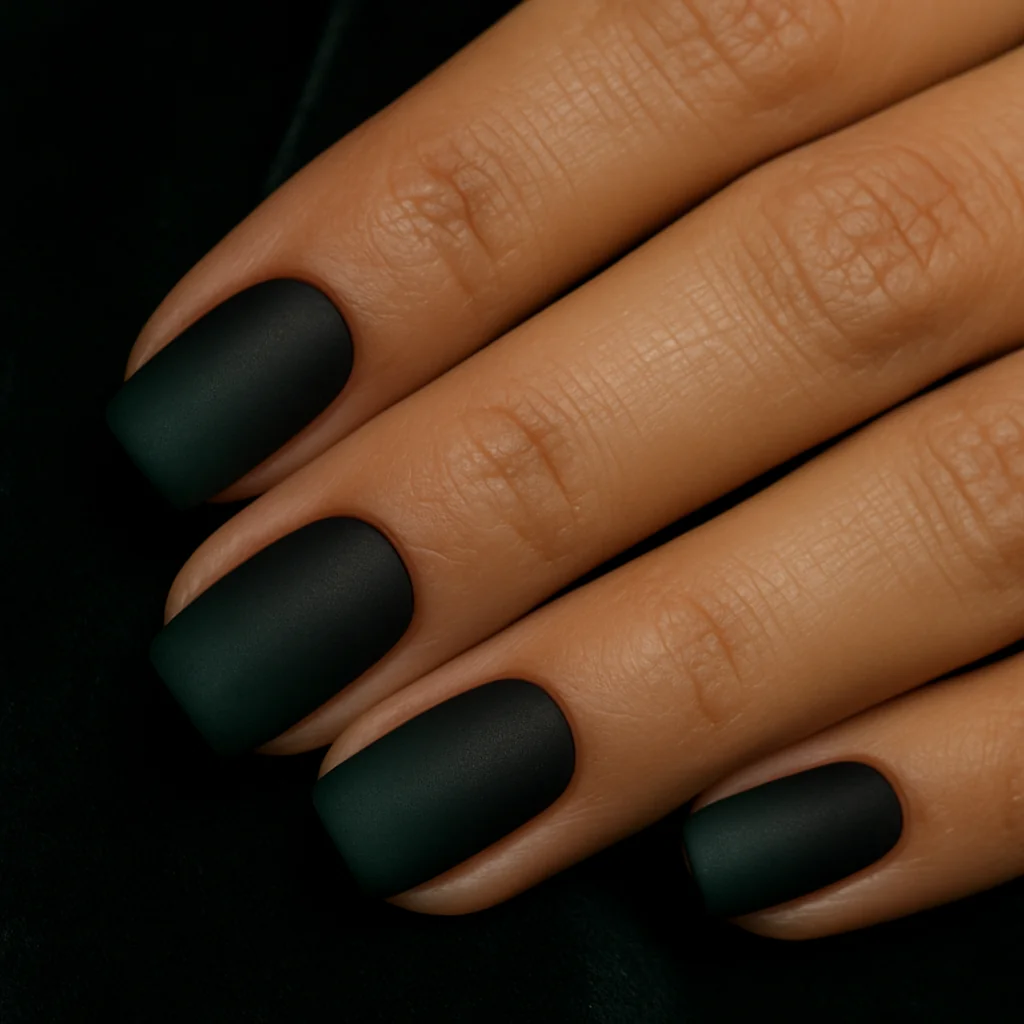 Black to deep forest green matte ombre gradient on warm olive skin on dark green velvet — tonal black nail 2026
