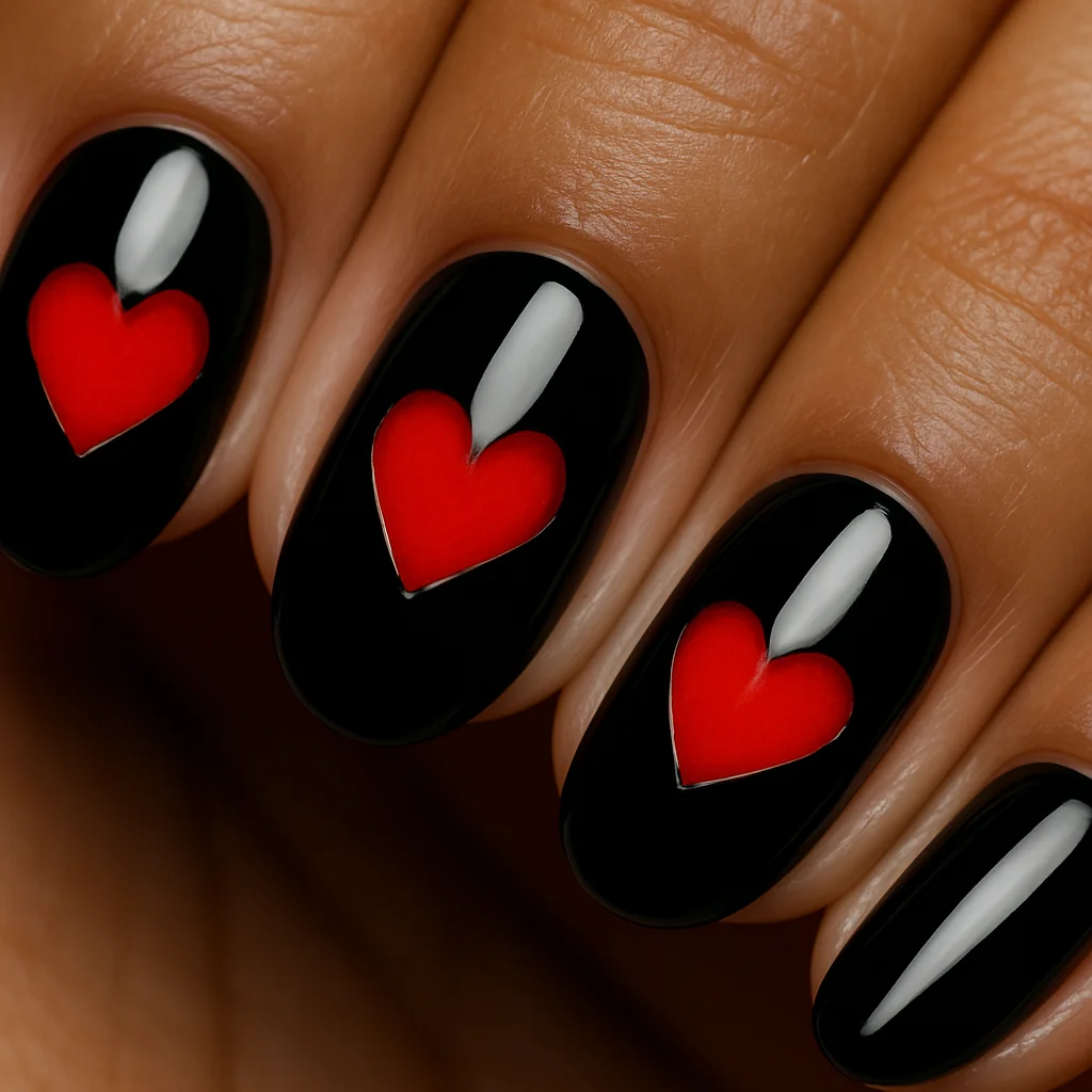 Black gloss nails with red heart negative space cutout centered on each nail on medium warm brown skin overhead light — black nail art 2026
