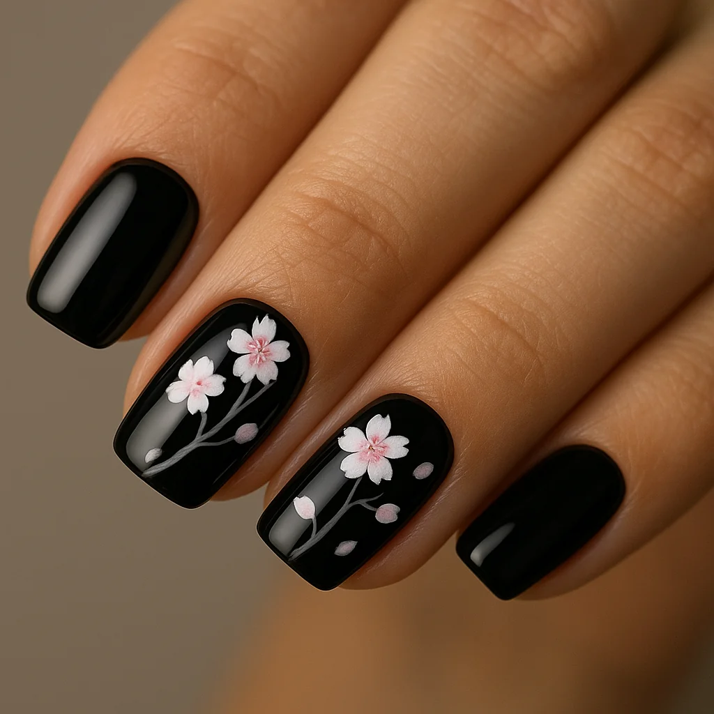 Black gloss nails with Japanese sakura cherry blossom branch on two accent nails on medium olive skin soft light — botanical black nail 2026