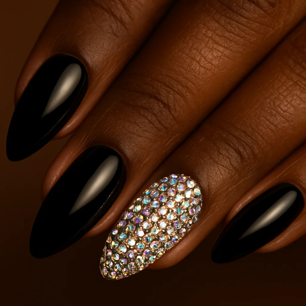Black gloss nails with one ring finger fully encrusted in AB crystals edge to edge on deep warm dark skin amber light — gem black nail 2026