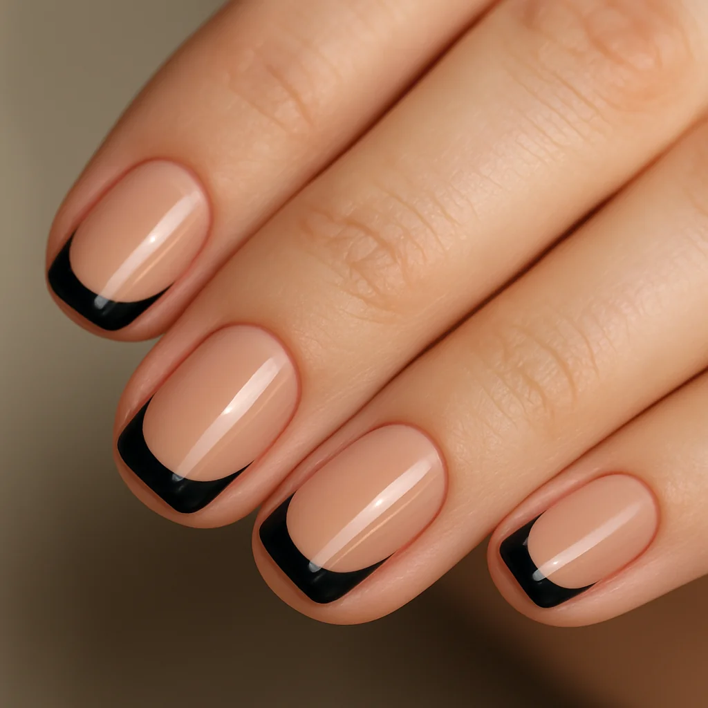 Black French tip nails with 4mm black arc on sheer warm nude base on fair skin natural daylight 45 degree angle — black French nail 2026