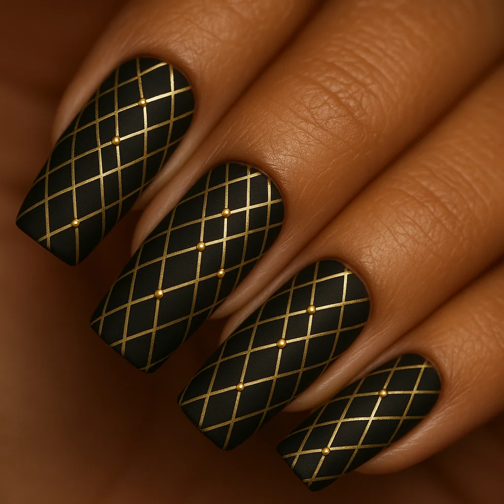 Black matte nails with full-surface gold Art Deco diamond grid pattern on warm medium brown skin editorial light — geometric black nail 2026