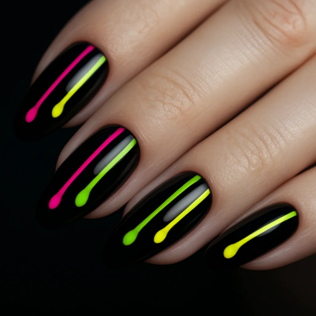 Black gloss nails with three neon drips hot pink neon green yellow from cuticle on pale cool skin dark background — neon black nail 2026