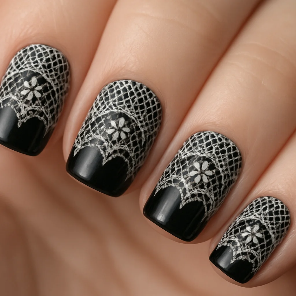 Black gloss nails with white lace overlay arch pattern and mesh on upper nail on pale fair skin soft light — lace black nail 2026