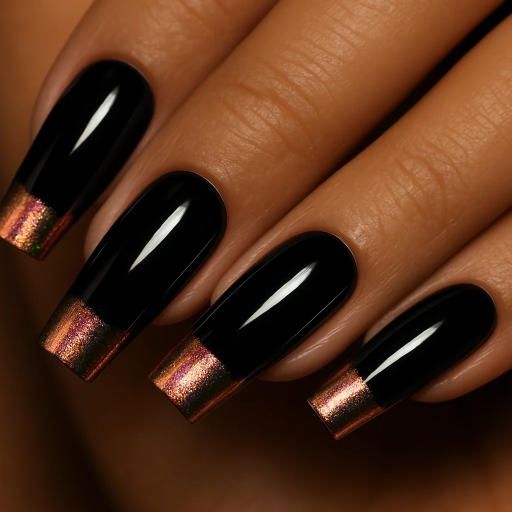 Black gloss nails with rose-gold holographic chrome tip 5mm shifting pink gold green on warm tan skin beauty editorial — black nail 2026