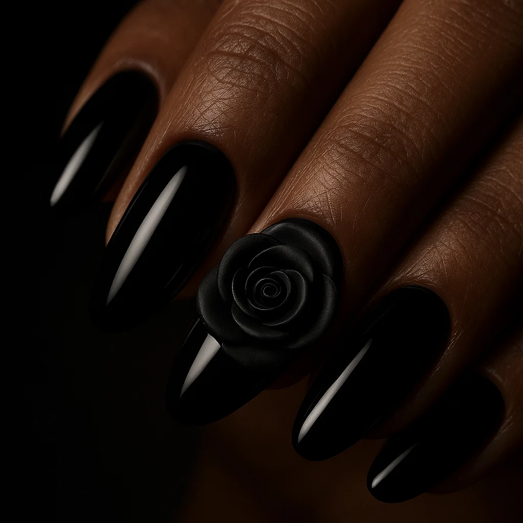 3D black sculptured gel rose on black gloss base on ring finger on dark espresso skin dramatic directional light — 3D black nail 2026