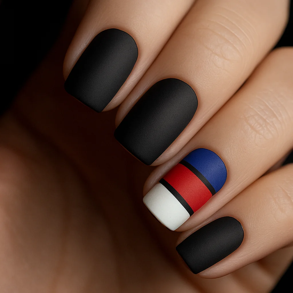 Black matte nails with one color-block accent nail in cobalt blue crimson and white horizontal bands on fair skin — graphic black nail 2026