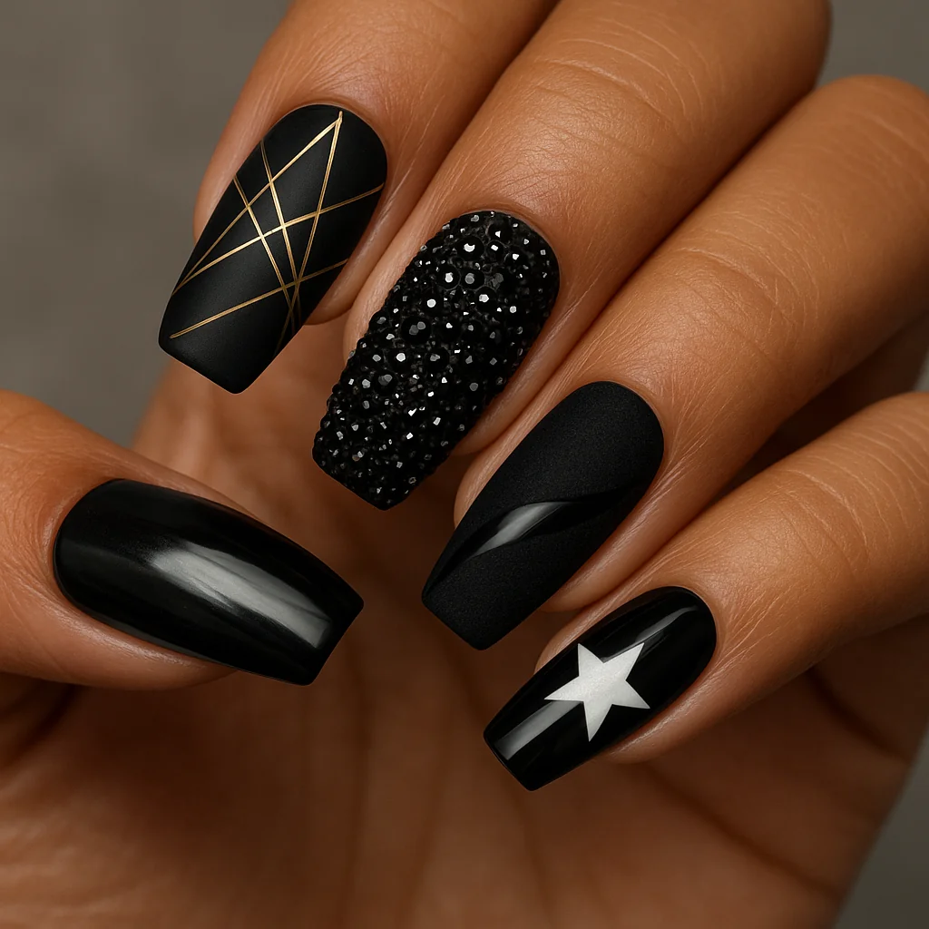 Maximalist black collage nails five different designs chrome mirror gold grid full crystals velvet cat-eye white star on warm brown skin editorial — black nail 2026