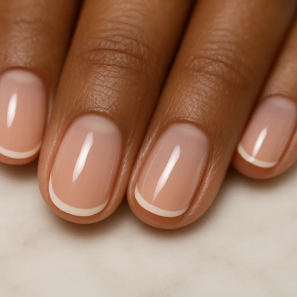 Classic micro French manicure with 1mm precise white arc on sheer nude base on warm brown skin on marble — french nail 2026