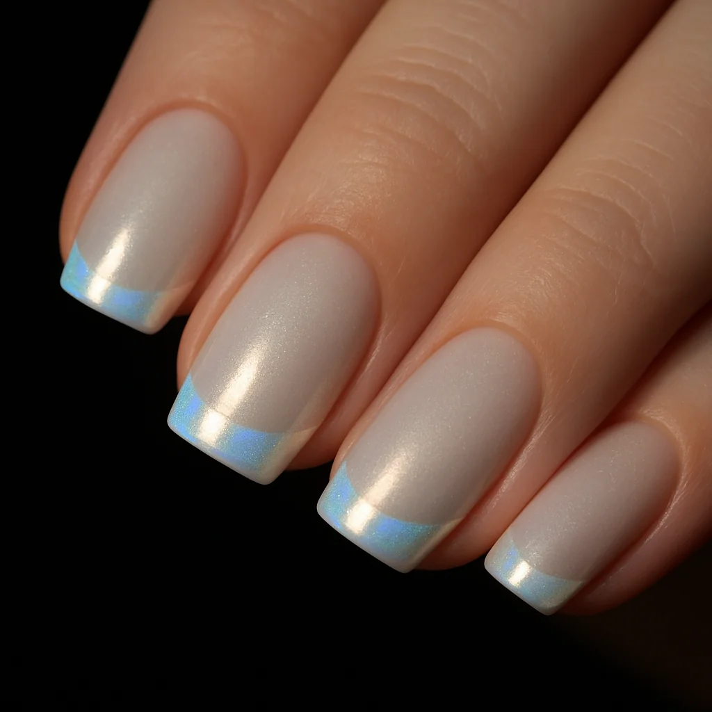 Glow French manicure with holographic chrome arc shifting from white to gold to blue on pearl base on pale skin — french nail trend 2026