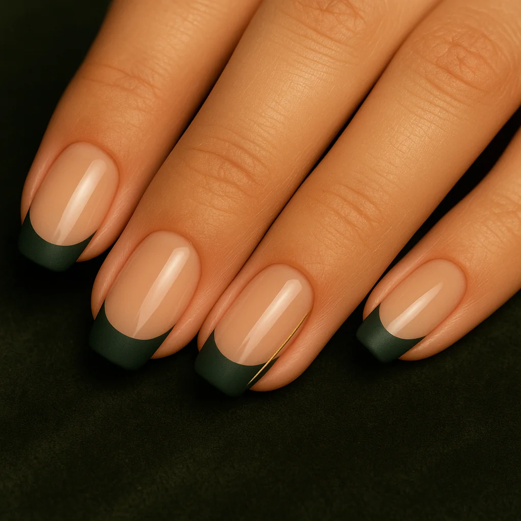Forest green colored French tip nails with gold accent line on matte green arc on nude base on tan skin — colored french tip 2026