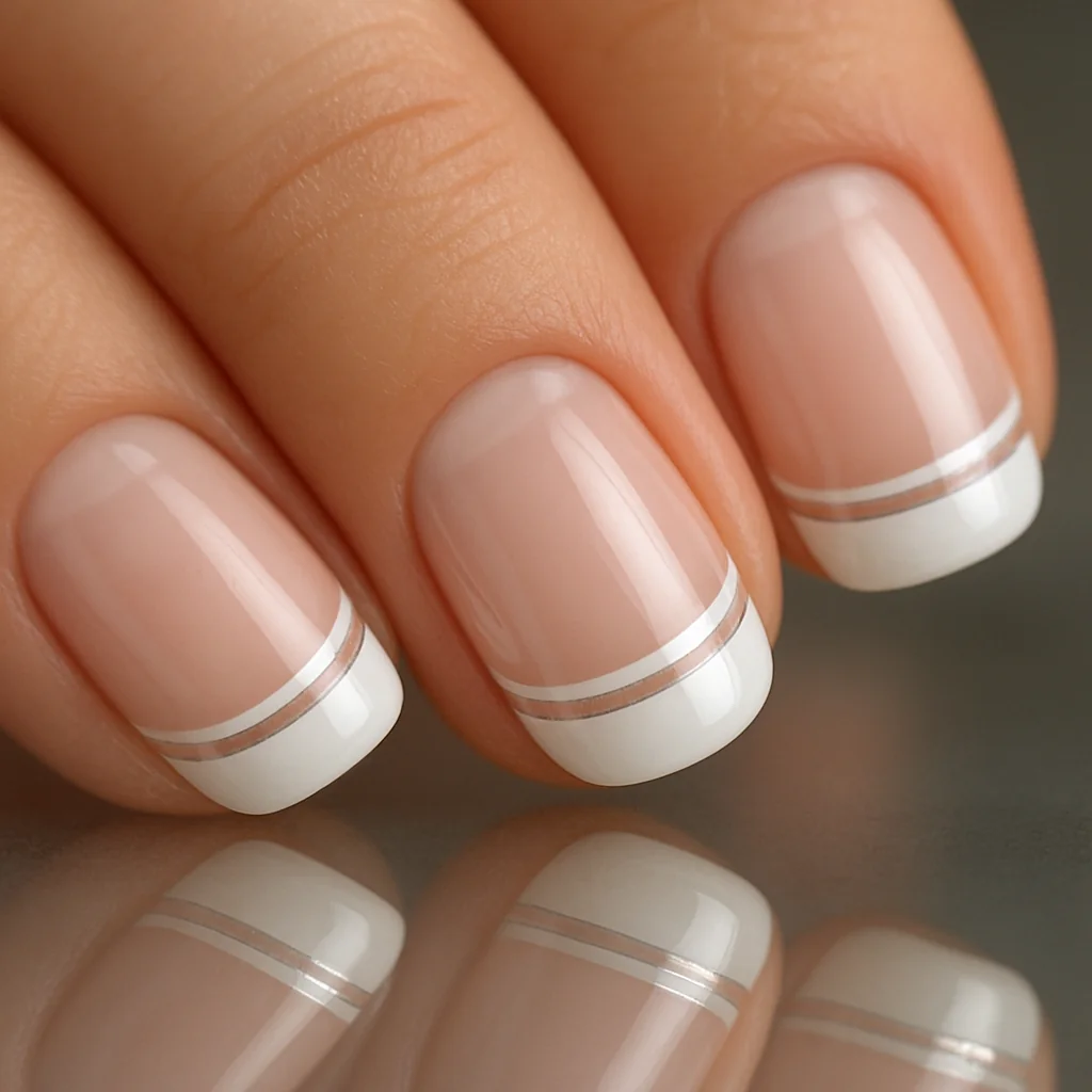 Double French line nails with two parallel white arcs and silver thread on clear base on medium fair skin on glass — double french tip 2026