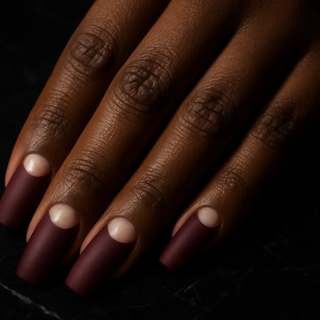Reverse French half-moon manicure with bare pearl lunula on burgundy plum matte base on dark brown skin on black marble — reverse french nail 2026