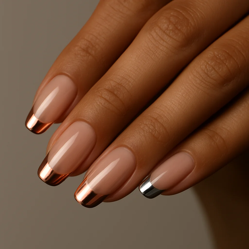 Rose-gold chrome French tip nails with mirror finish on clear base on warm olive skin — chrome french tip trend 2026