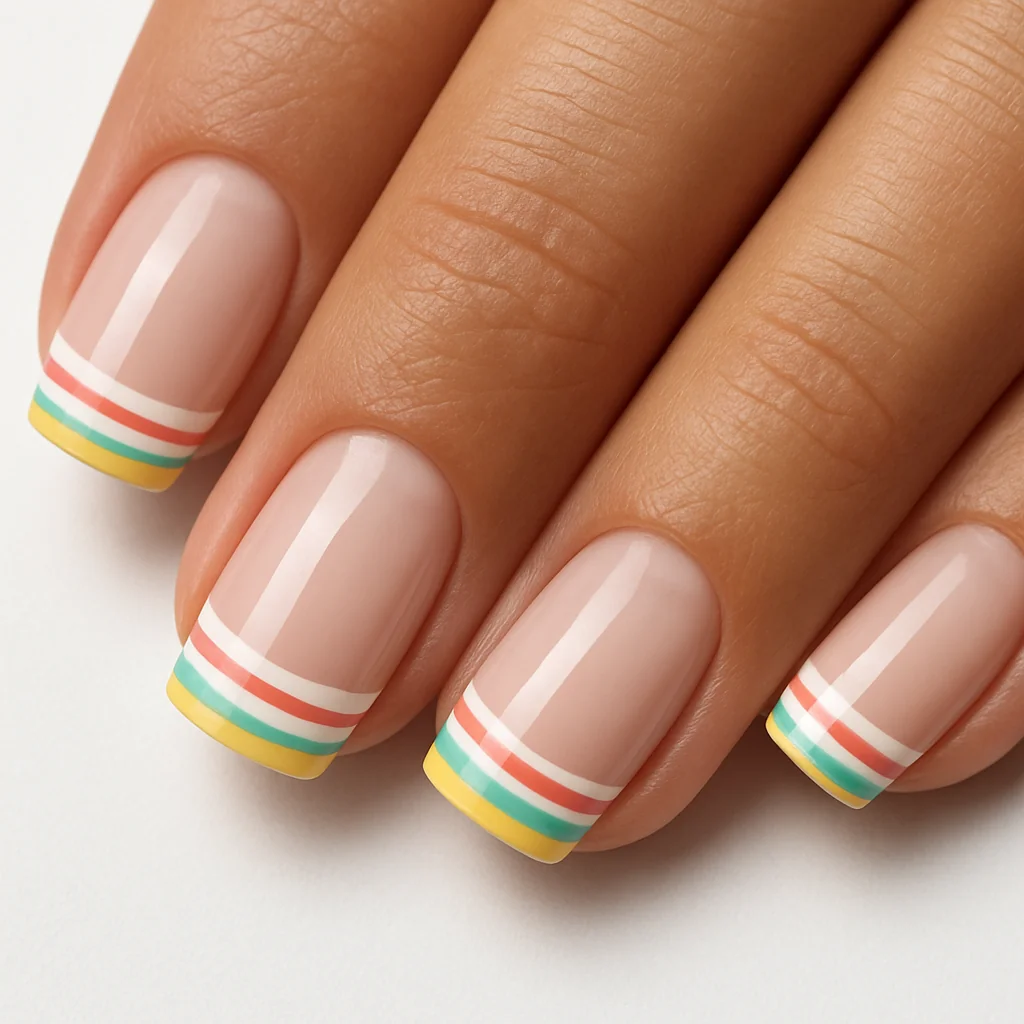 Striped multi-color French tips with coral white mint white yellow stacked stripes at free edge on milky base on tan skin — modern french nail 2026