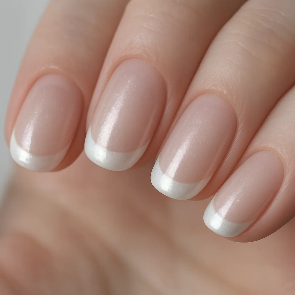 Glazed French pearl tip nails with shimmer intensity difference between base and arc on porcelain skin diffused daylight — glazed french nail 2026