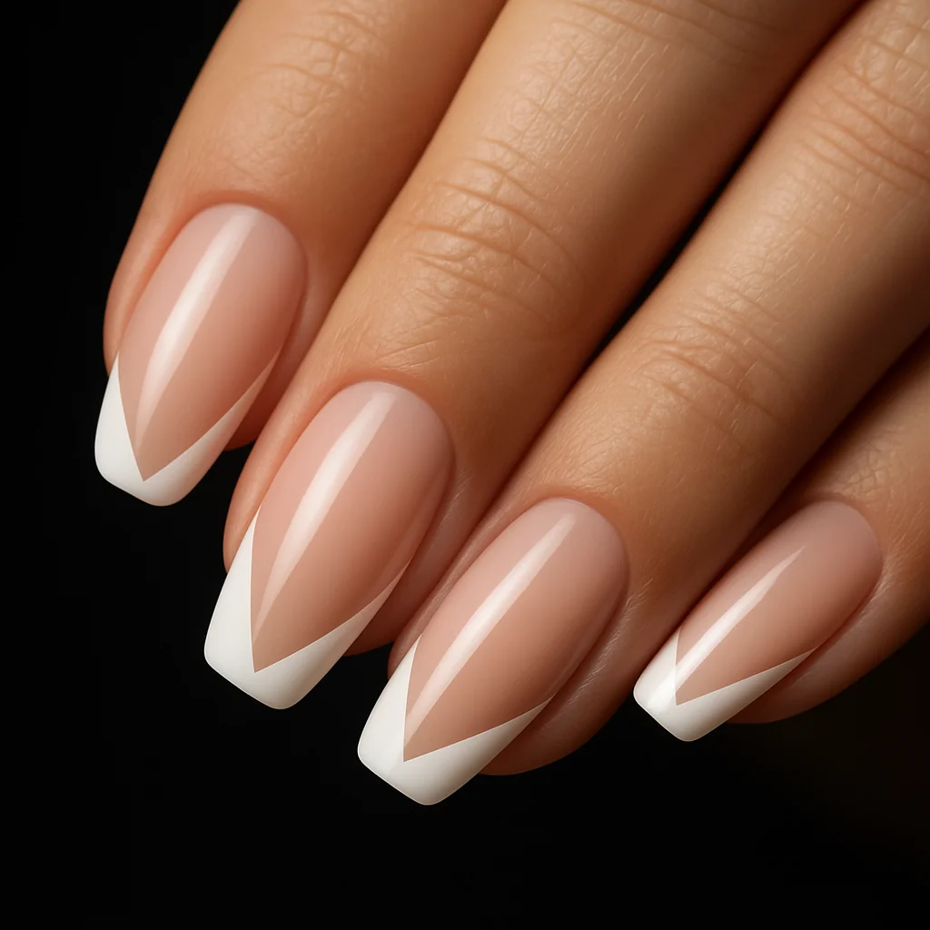 Asymmetric angled French tip nails with diagonal straight line at 35 degrees replacing classic arc on fair skin dark background — geometric french nail 2026