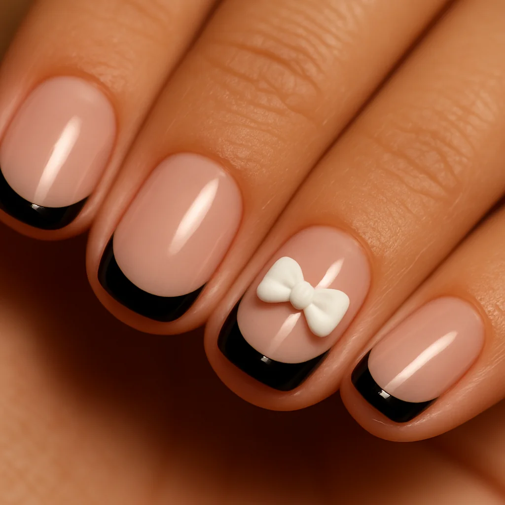 Black French tip nails with 3D white gel bow on ring finger arc on warm tan skin warm studio light — coquette black french nail 2026