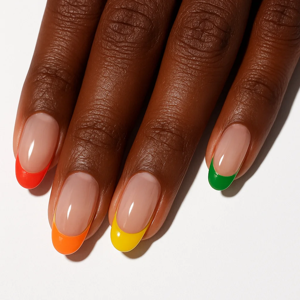 Rainbow French tip nails each nail a different saturated color arc on clear base on dark espresso skin on white background — rainbow french tip 2026