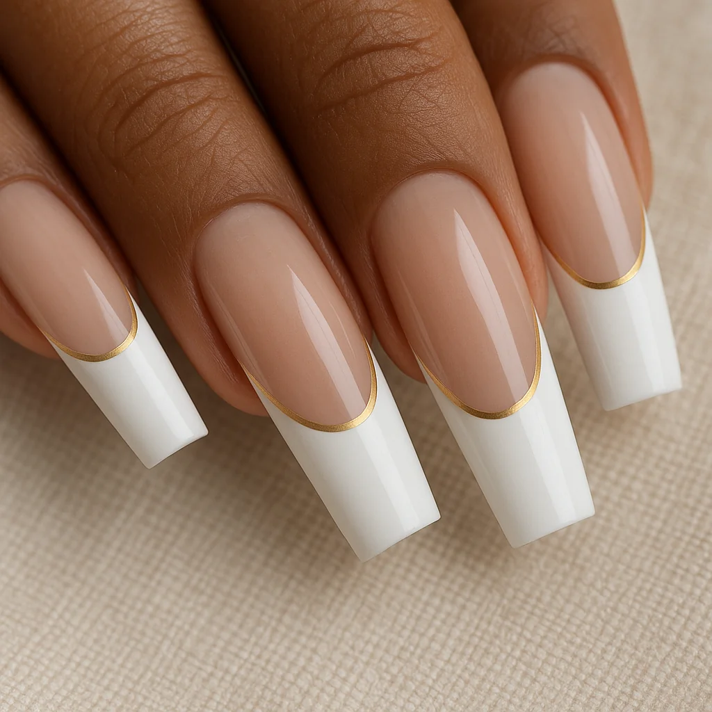 Deep French tip nails with wide 8mm white arc and gold framing line on nude base on warm brown skin on cream linen — deep french nail 2026