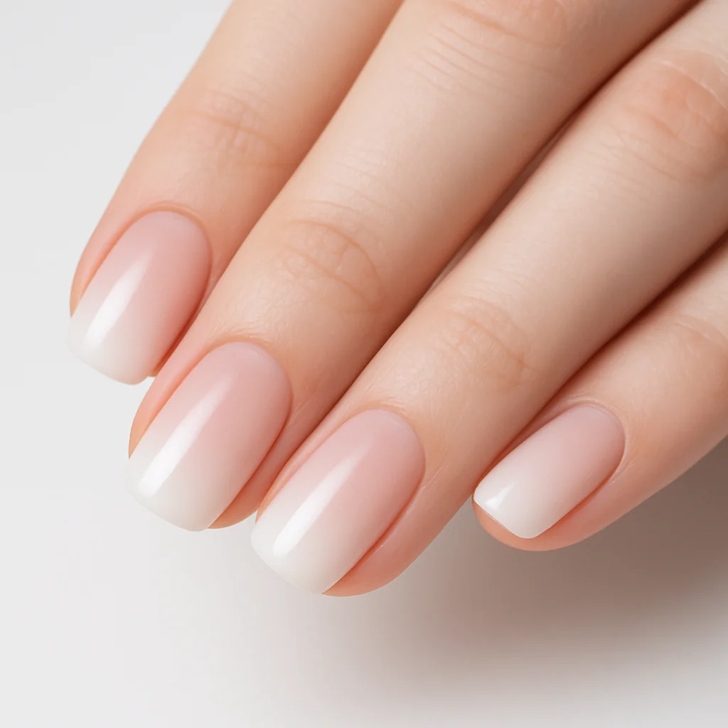 Baby boomer French gradient nails with imperceptible pink to white transition on squoval nails on pale fair skin — baby boomer nail 2026