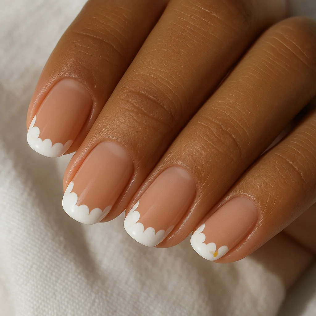 Floral scallop French tip nails with petal-chain inner edge and yellow accent dot on nude base on olive skin — floral french nail 2026