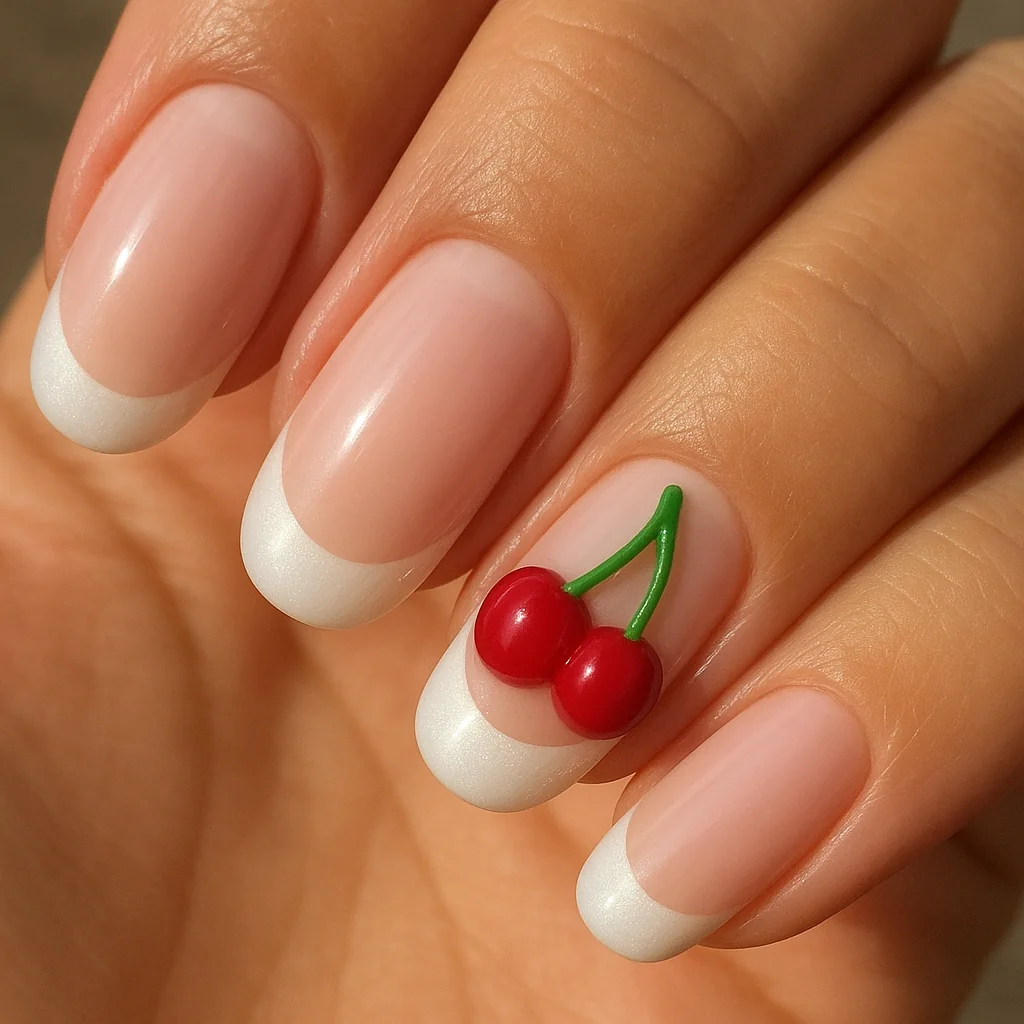 Glazed pearl French tip nails with 3D sculpted cherry cluster on ring finger white arc on warm tan skin in daylight — glazed french nail art 2026