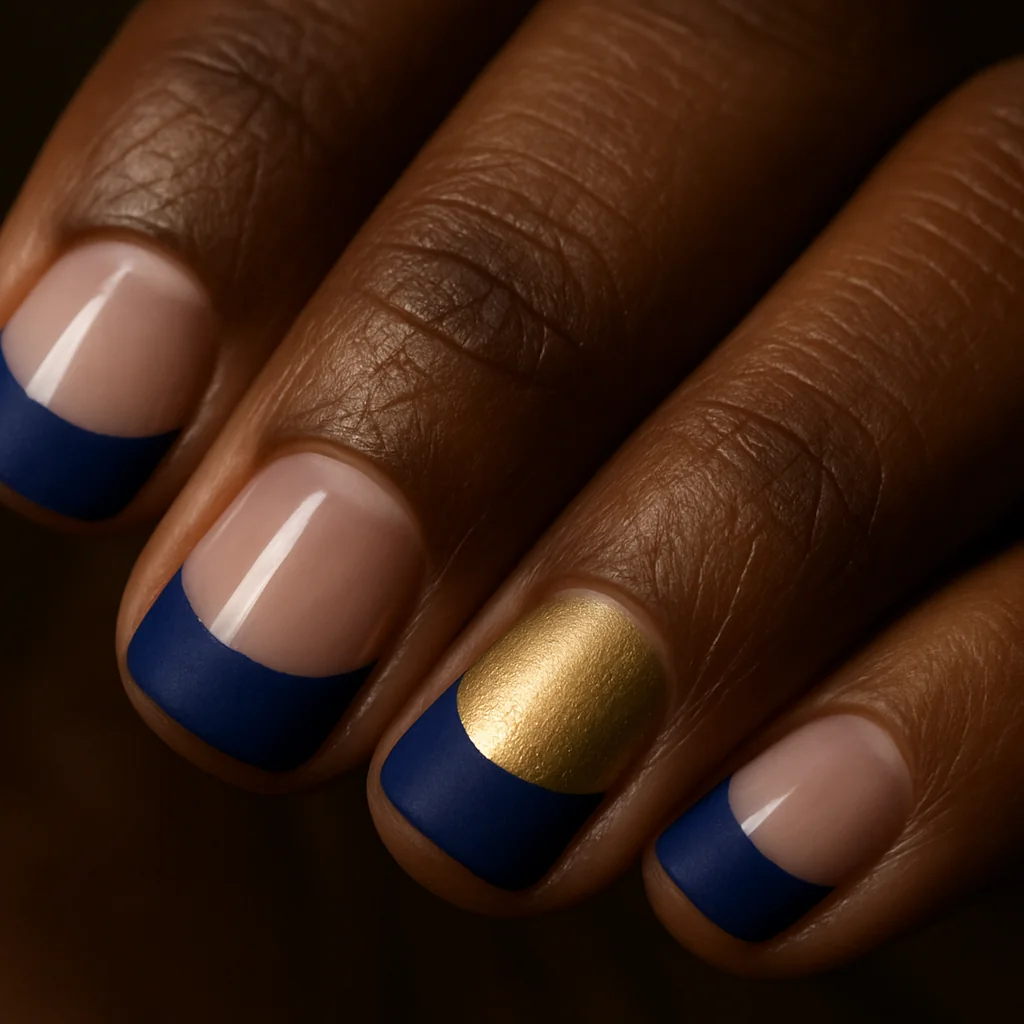 Negative space reverse French nails with cobalt blue matte half-moon lunula on bare natural nail on dark warm skin — negative space french 2026