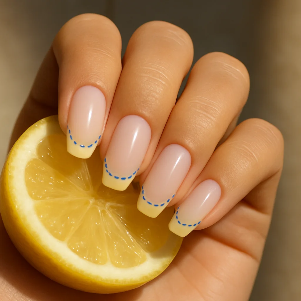 Mediterranean lemon French tip nails with butter yellow arc and cornflower blue ceramic tile dashes on nude milky base on olive skin — lemon french nail 2026