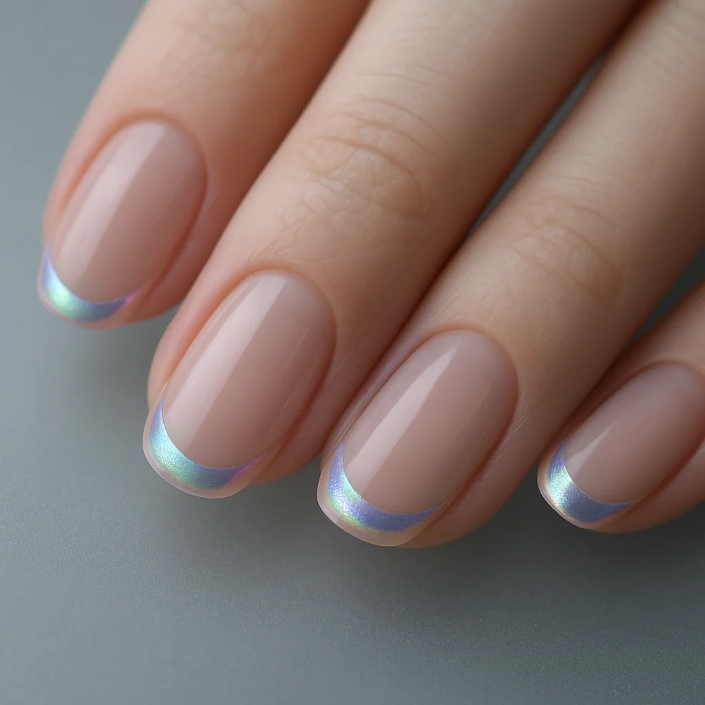 Aurora chrome micro French nails with 2mm color-shifting lilac mint rose arc on transparent base on fair cool skin on frosted glass — aurora french nail 2026