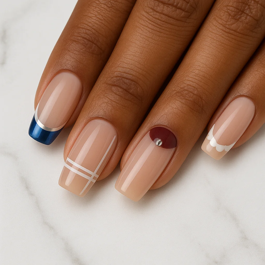 Maximalist French collage nails five different French designs on one hand on warm brown skin on white marble — maximalist french nail 2026