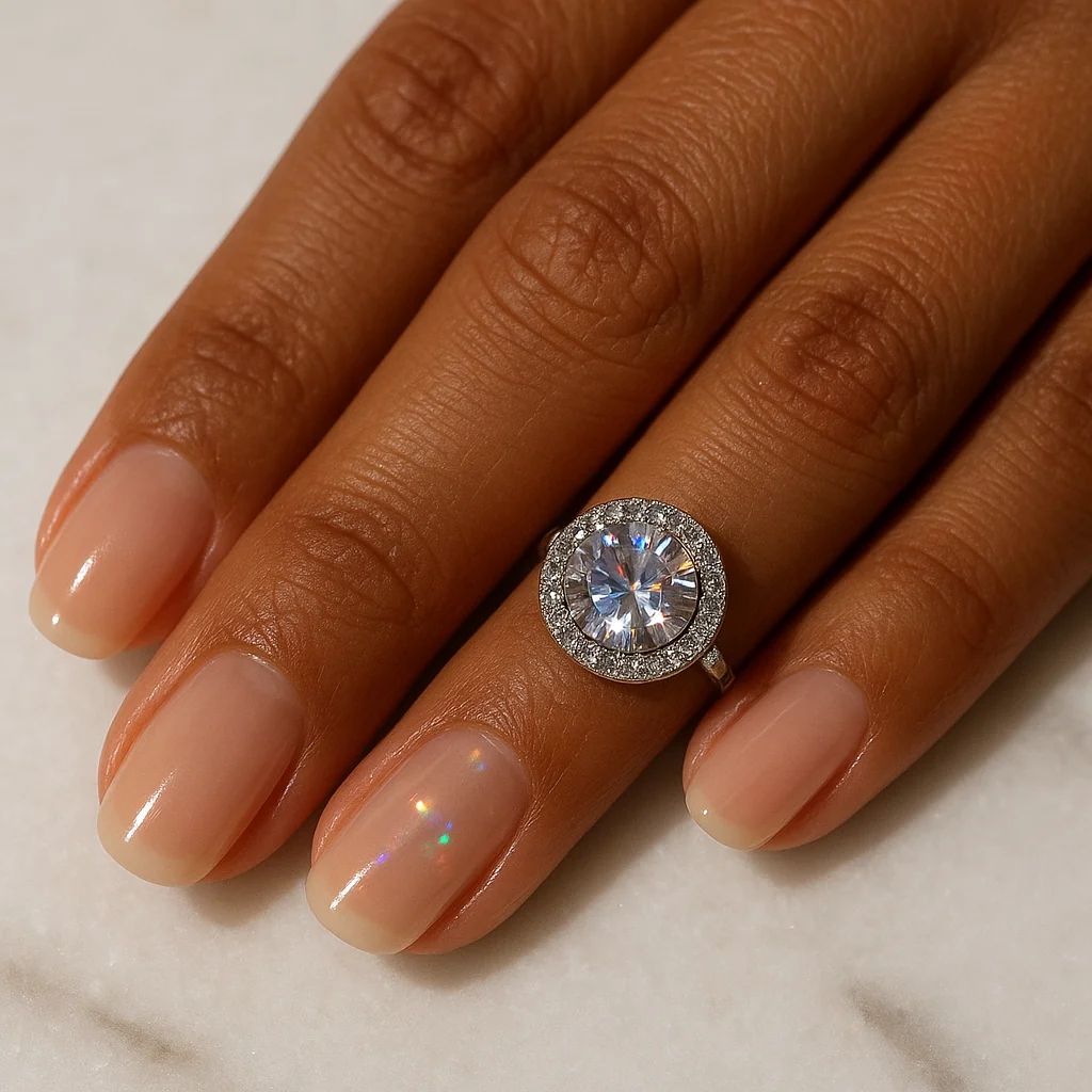 Single oversized crystal solitaire 6mm with surrounding ring of small crystals on nude base on warm brown skin — gem nail 2026