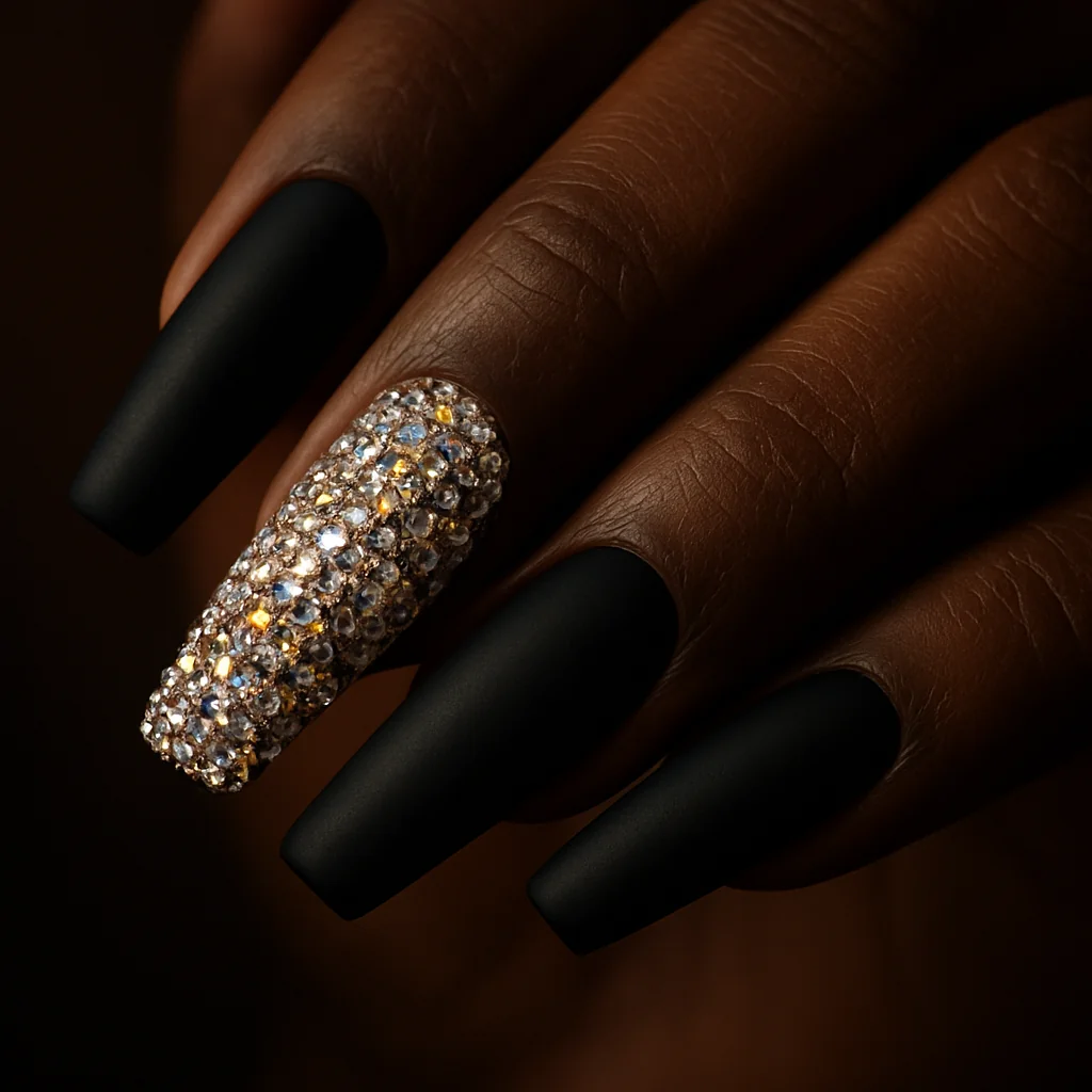 Full crystal encrusted ring finger nail edge to edge AB rhinestones on black matte base on dark espresso skin — maximum gem nail 2026