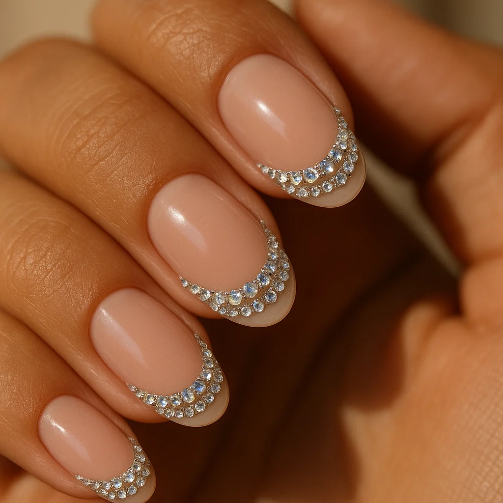 Triple crystal arc French tip border on sheer nude base on warm olive skin — jeweled French manicure 2026