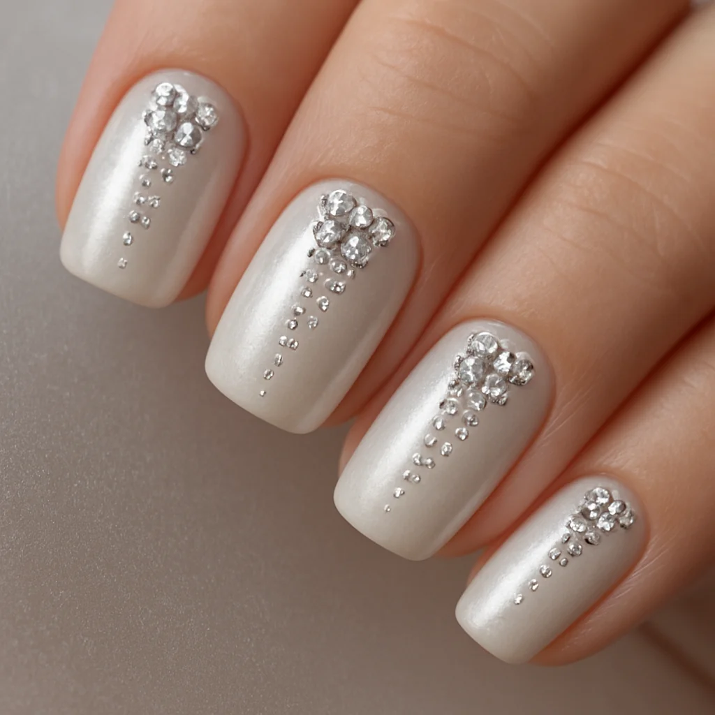 Crystal waterfall cascade from cuticle to tip widening at mid-nail on pearl white base on fair skin — gem nail art 2026