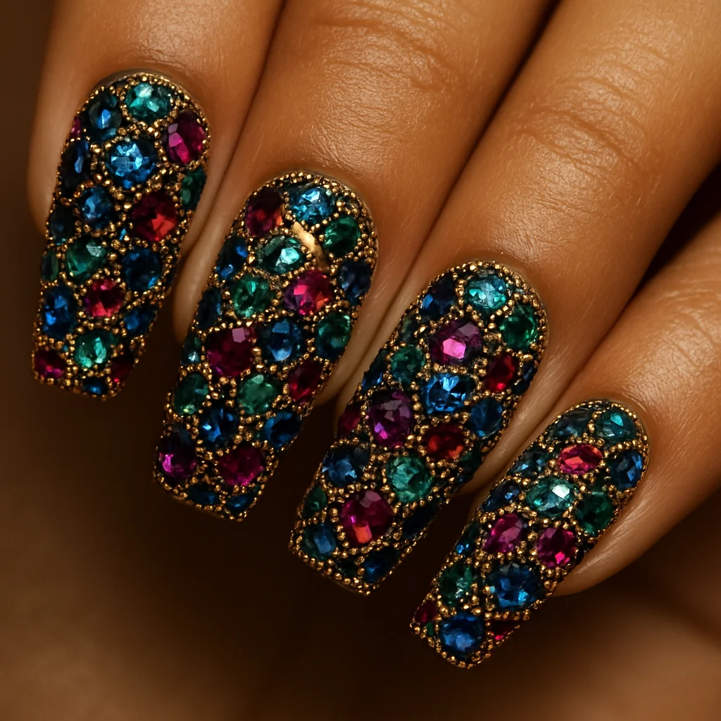 Colored rhinestone mosaic covering full nail in sapphire emerald ruby amethyst on white base on warm golden olive skin — gem mosaic nail 2026