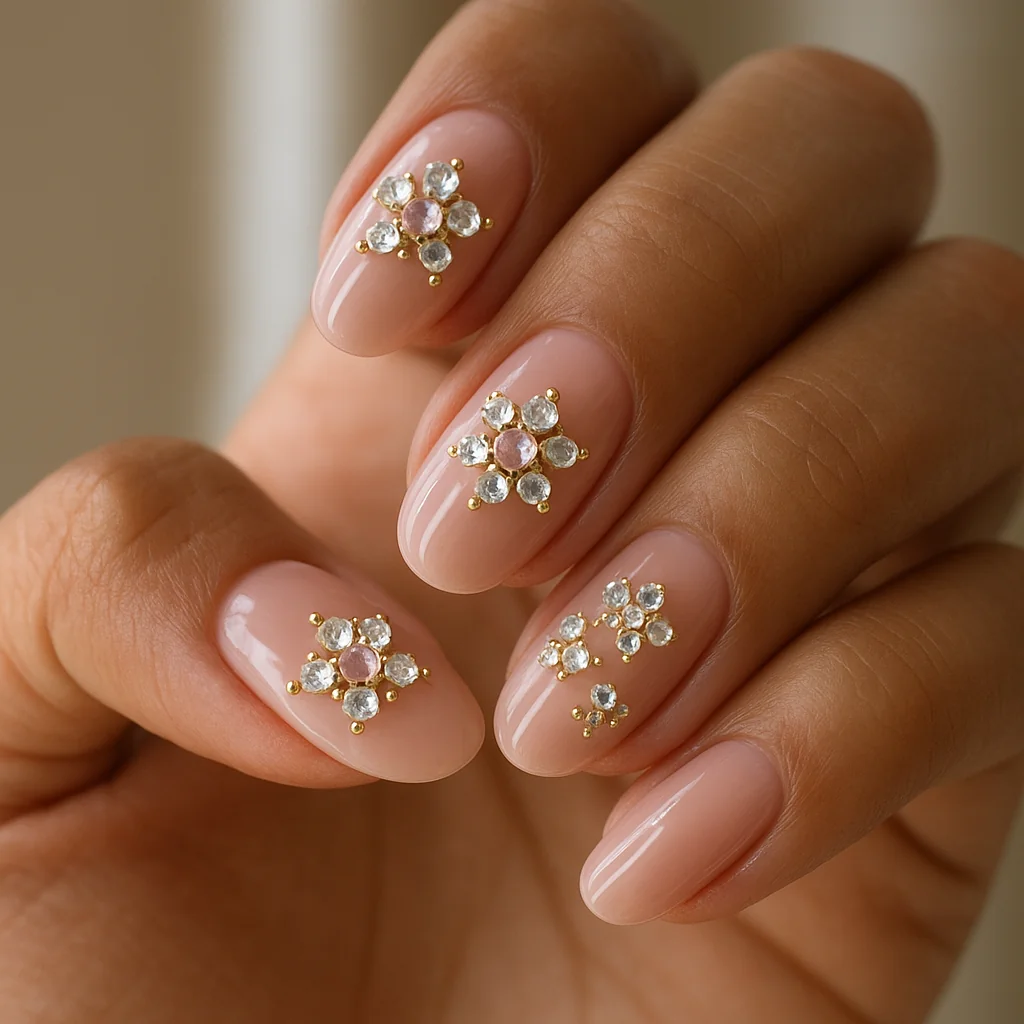 Rhinestone flower cluster on blush pink base each nail one 8mm flower on medium warm tan skin — floral gem nail 2026