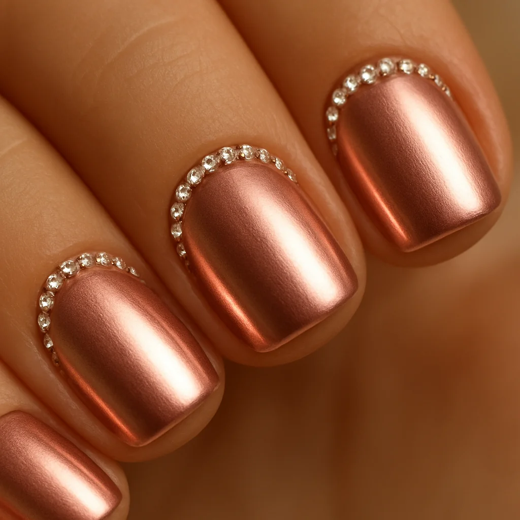 Precise row of 1mm crystals along cuticle edge on rose-gold chrome base on light olive skin — crystal cuticle nail 2026