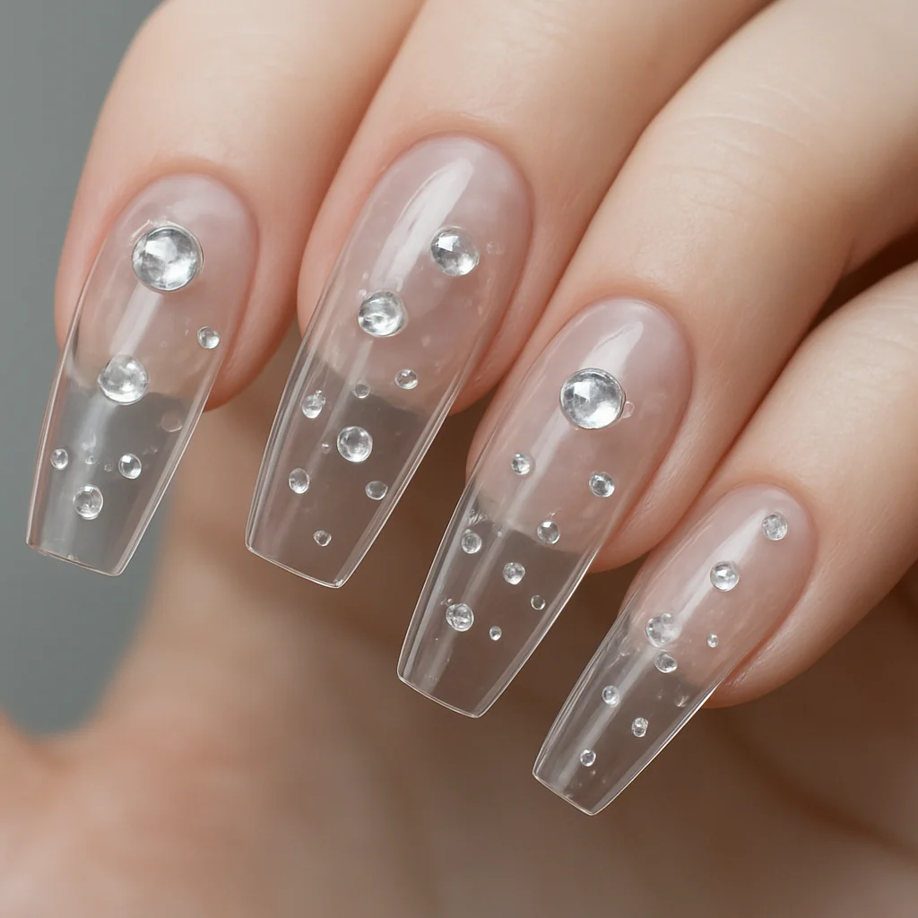 Floating crystal depth illusion in clear gel at different depths on porcelain skin slight angle diffused light — gem nail 2026