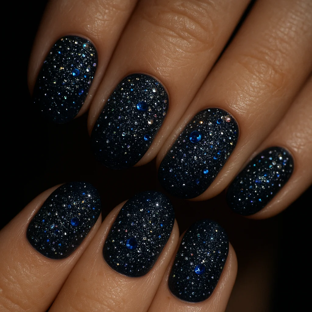 Micro rhinestone galaxy scatter dense at cuticle sparse at tip on navy black ombre base on fair freckled skin — gem nail 2026