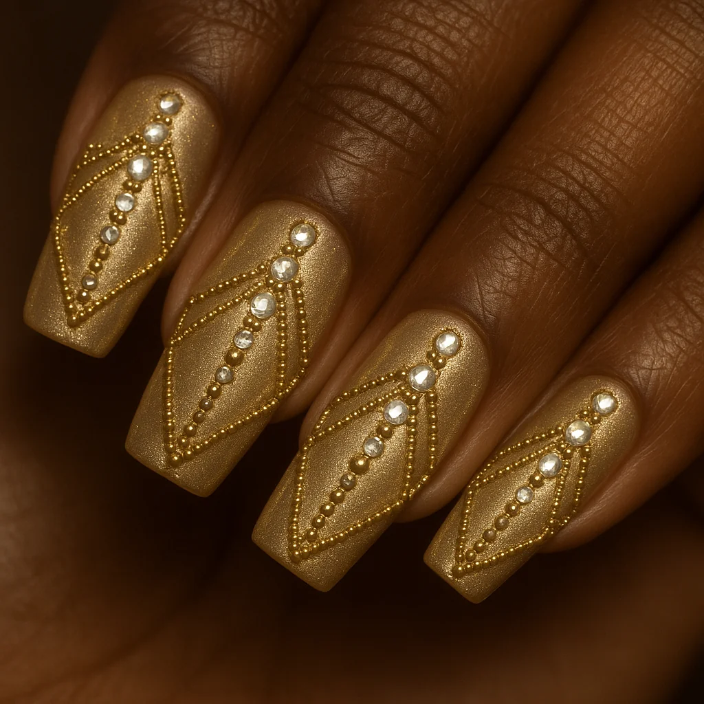 Art Deco fan crystal pattern with inverted V on champagne gold base on deep warm dark skin — geometric gem nail 2026