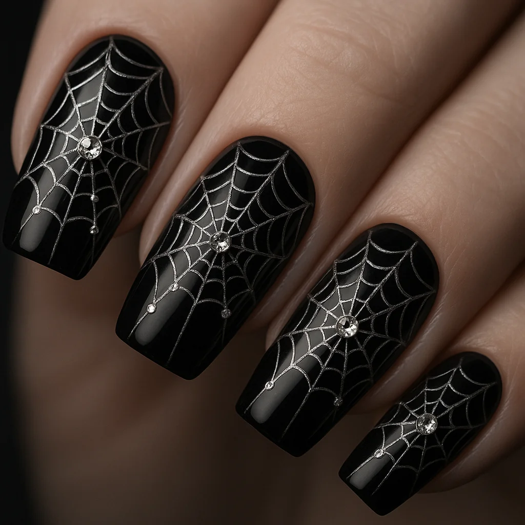 Crystal spider web radiating from corner with intersecting arc crystals on black gloss base on pale cool skin — gem nail art 2026