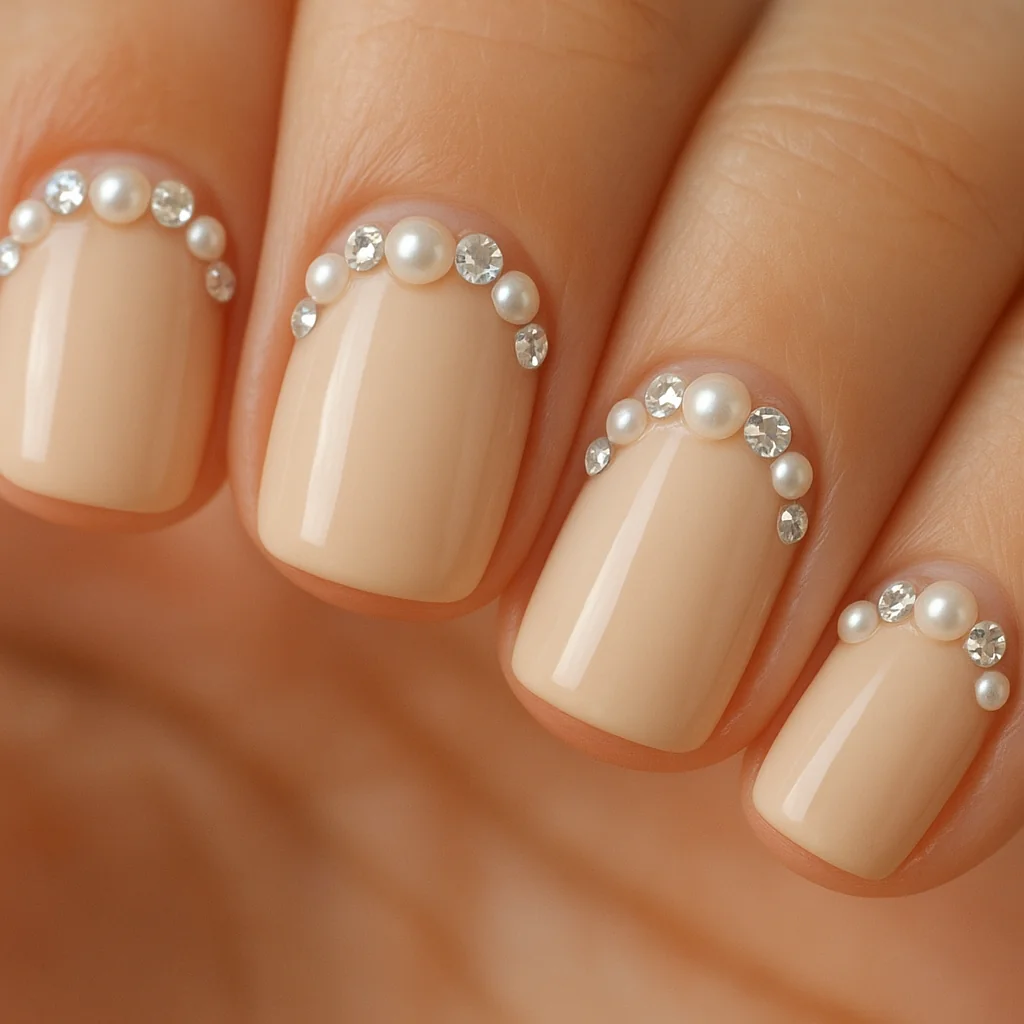 Pearl and crystal alternating halo arc at cuticle on vanilla nude base on light warm skin — bridal gem nail 2026