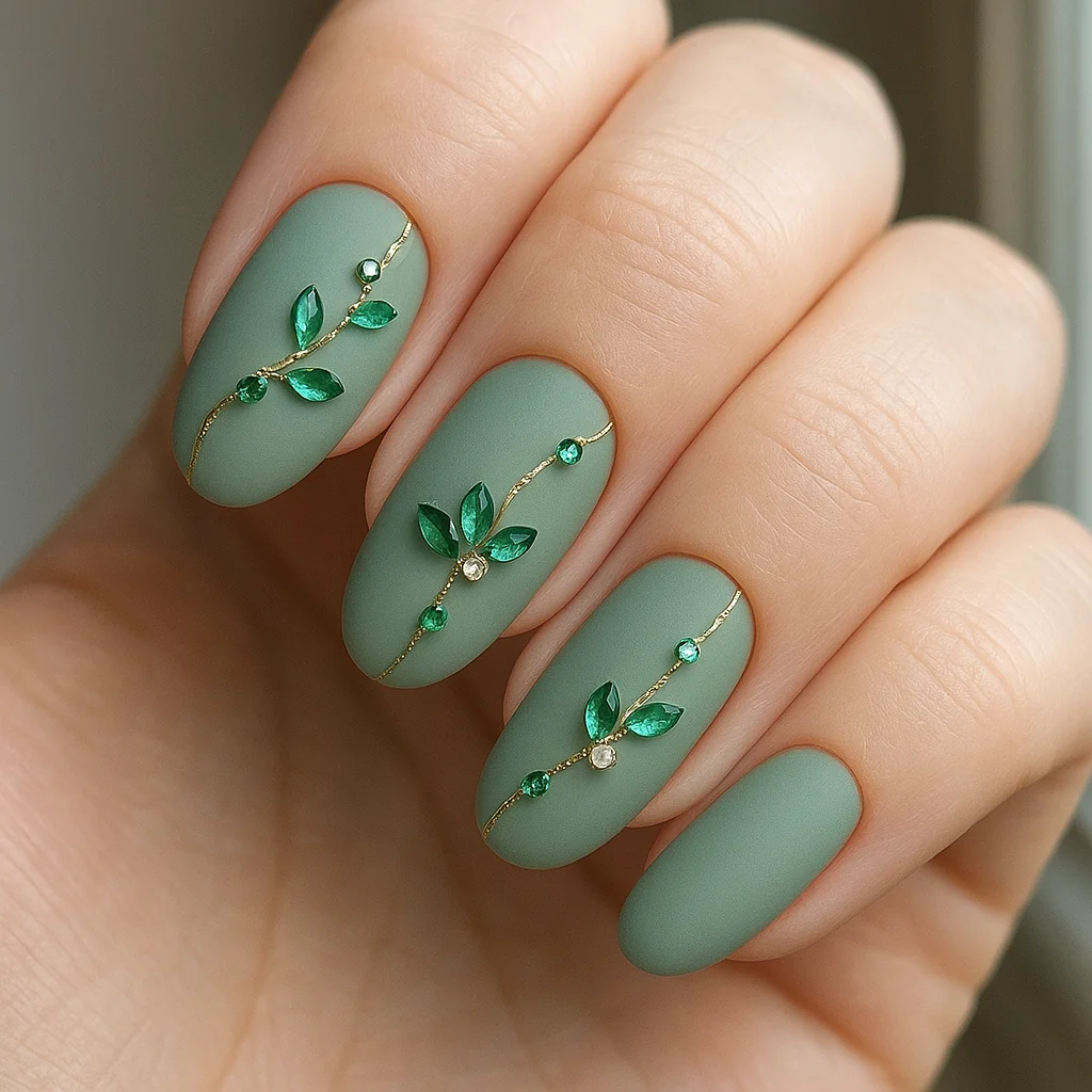 Crystal vine with green teardrop leaf clusters crawling diagonally on sage green matte base on fair skin — botanical gem nail 2026